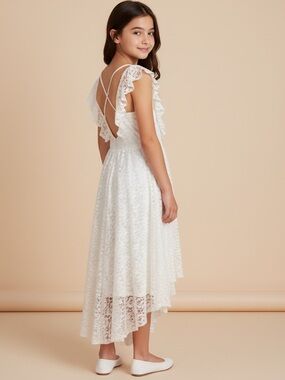 White Lace Ruffle High-Low Dress for Girls, used good condition.